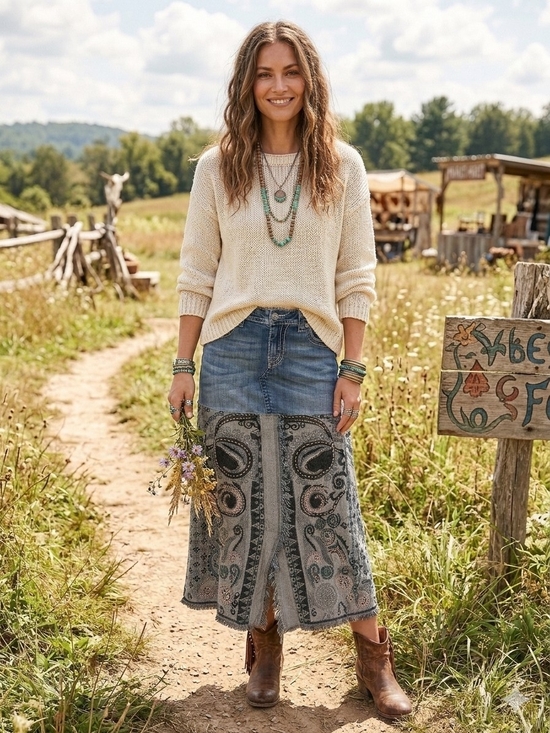 Handmade Dresses & Skirts - OOAK Upcycle Denim With Paisley Merino/Cotton Blend Scarf Maxi Skirt